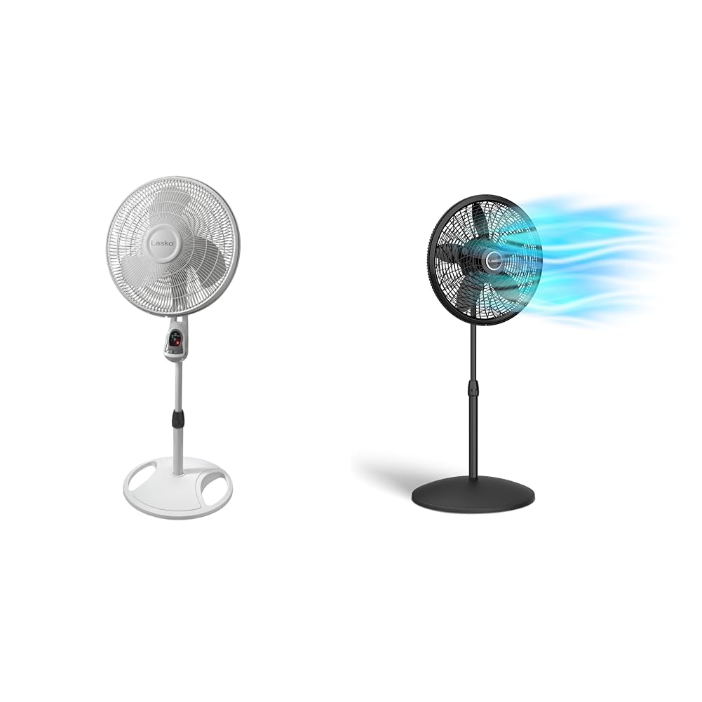 16" White Oscillating Pedestal Fan with Remote and 18" Black Adjustable Pedestal Fan E907813