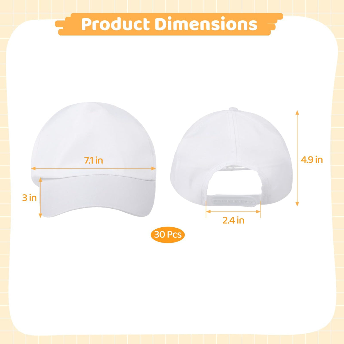 30 Pcs White Adjustable Polyester Baseball Caps G10228