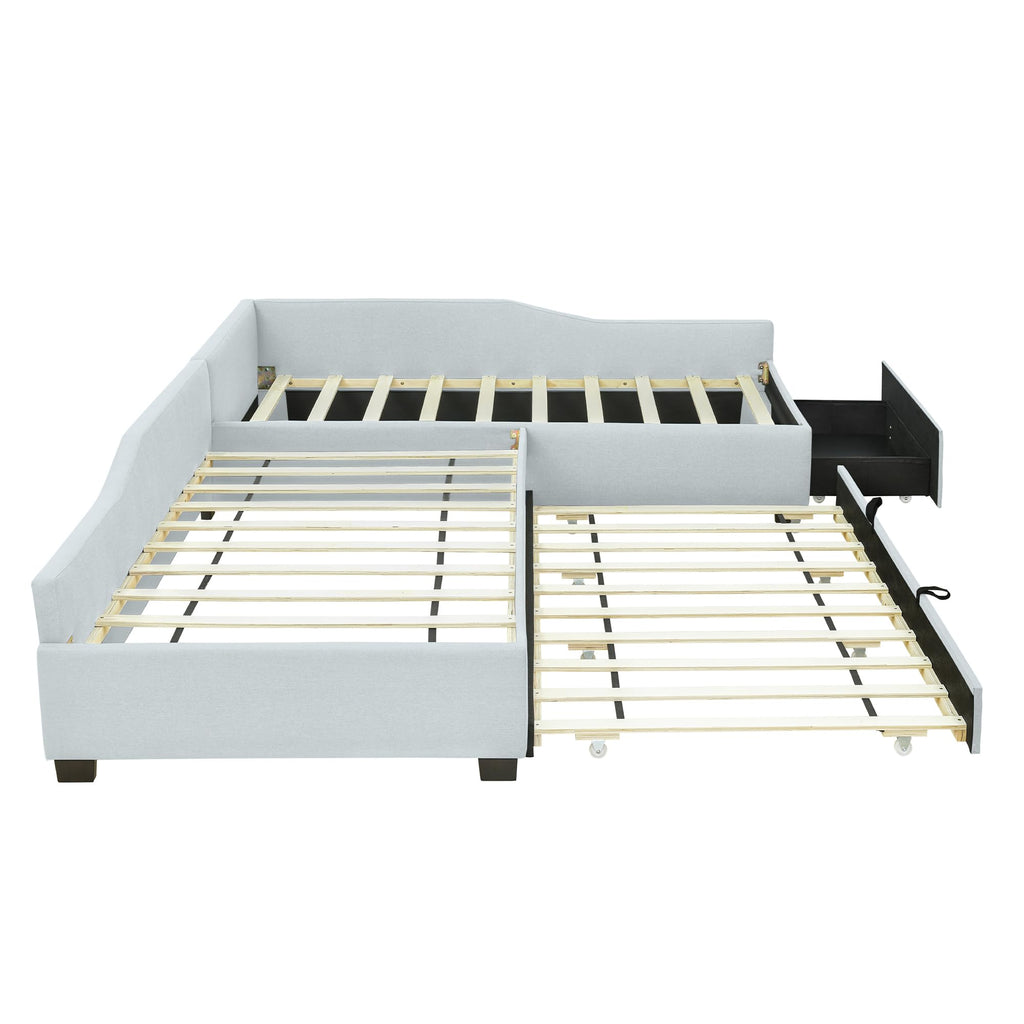 Beige Linen Upholstered Double Twin Size Daybed with Trundle and Drawer O452976