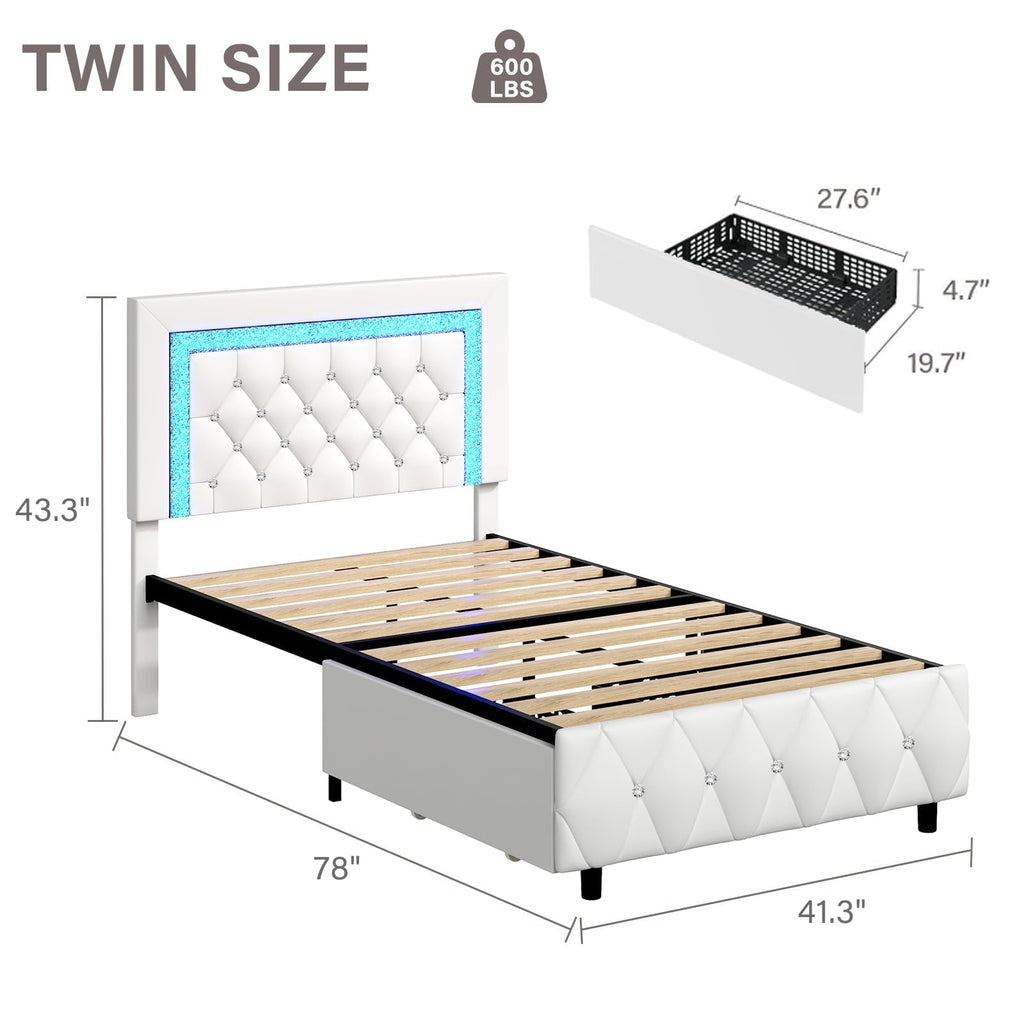 White Twin Bed Frame with Storage Drawers and LED Lights D590697