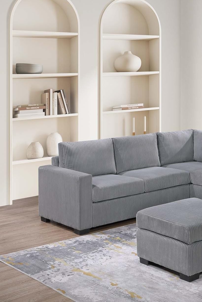 Light Gray 4pc Corduroy Sectional Sofa Set with Ottoman C671936