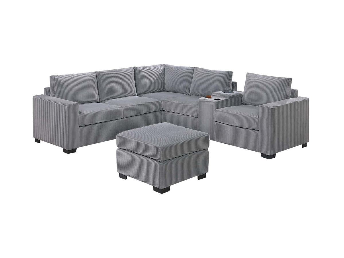 Light Gray 4pc Corduroy Sectional Sofa Set with Ottoman C671936