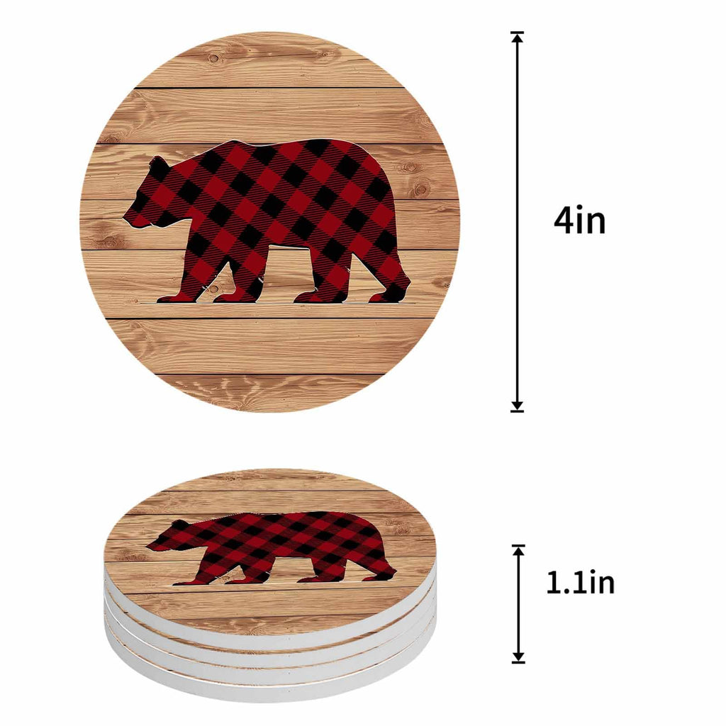 Red Black Plaid Bear Ceramic Coasters Set of 6 with Holder Y653699