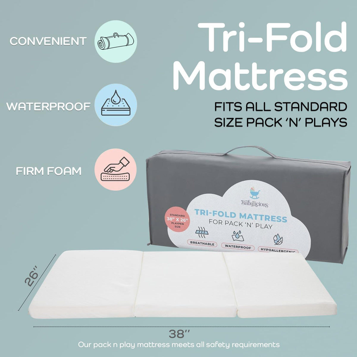 Pack and Play Mattress Topper 38" x 26" Trifold Foam A594