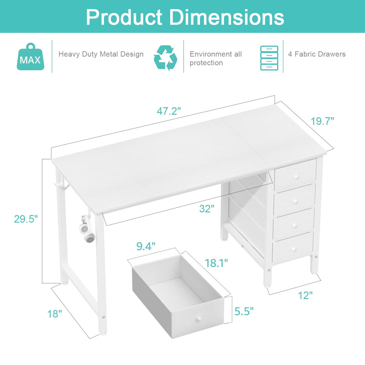 White 47 Inch Computer Desk with Drawers B319099