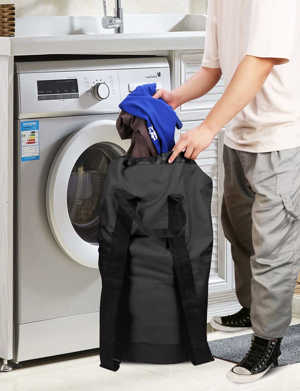 Black 115L Laundry Bag with Shoulder Straps W212608