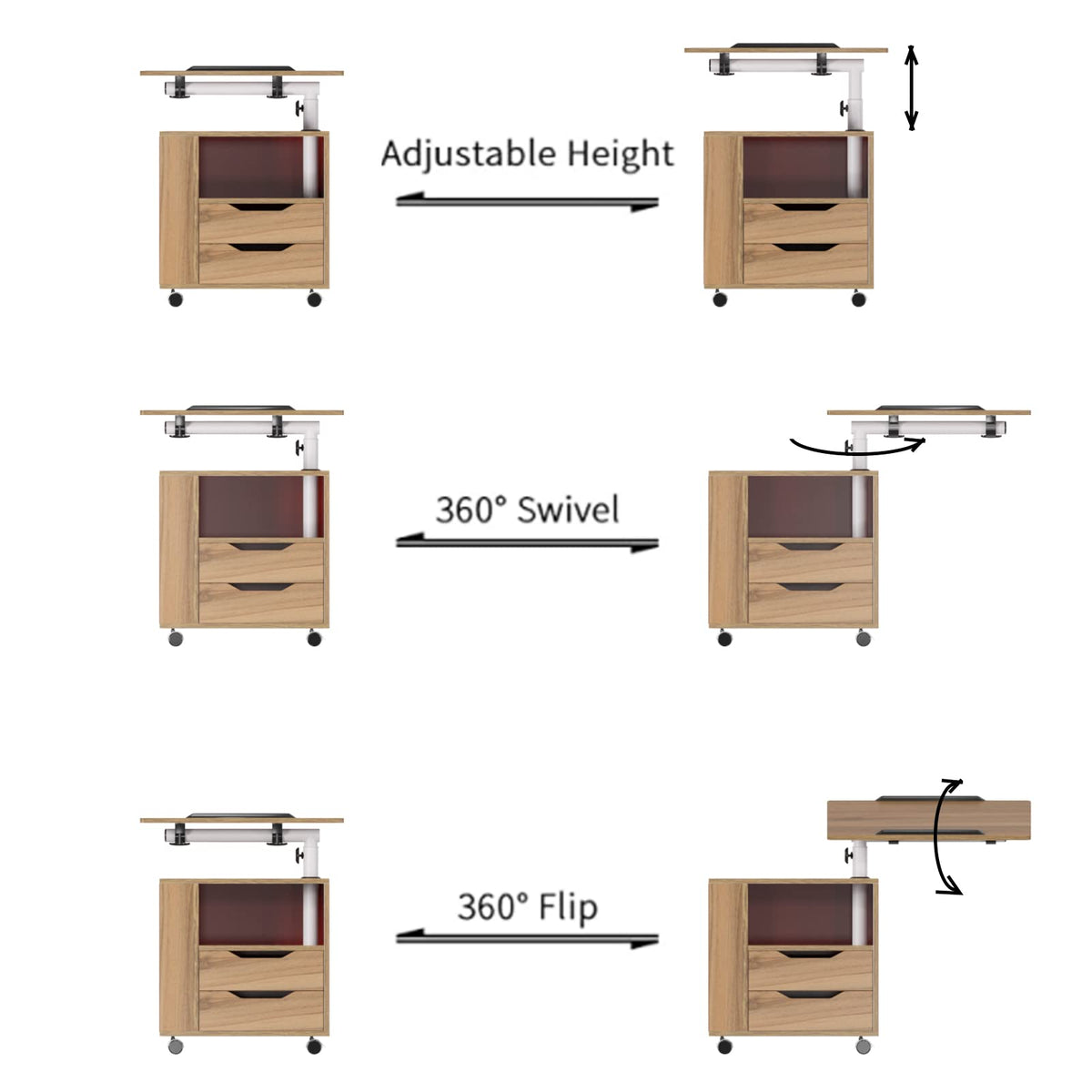 23.6in Rolling Nightstand with 2 Drawers and Shelf Oak G5968