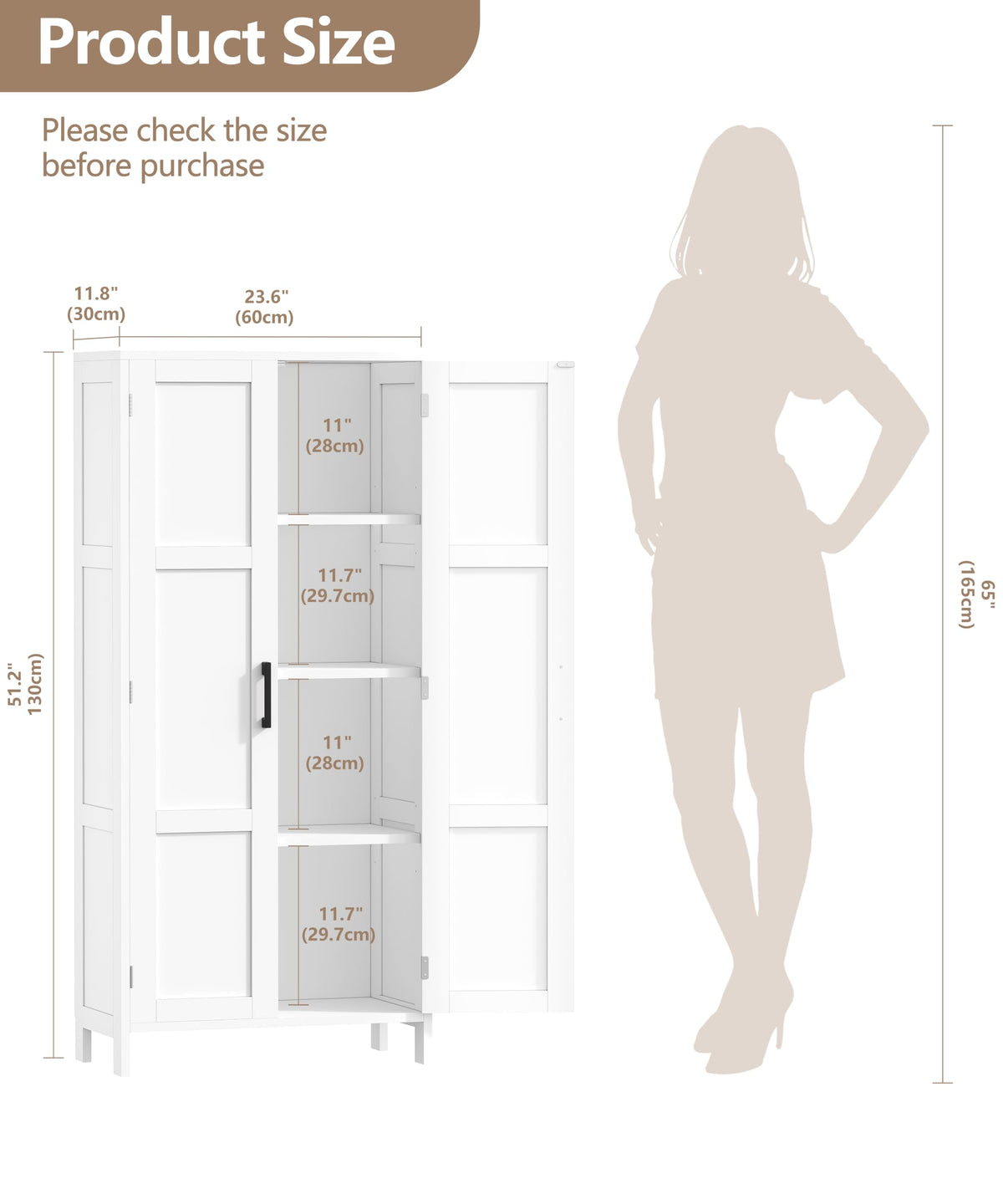 51.2"H Tall White 2 Doors Bathroom Cabinet M95138