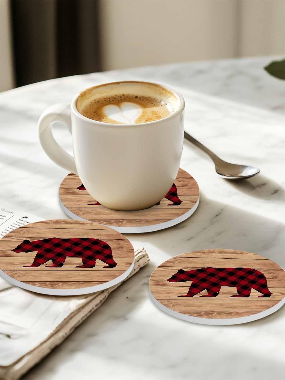 Red Black Plaid Bear Ceramic Coasters Set of 6 with Holder Y653699