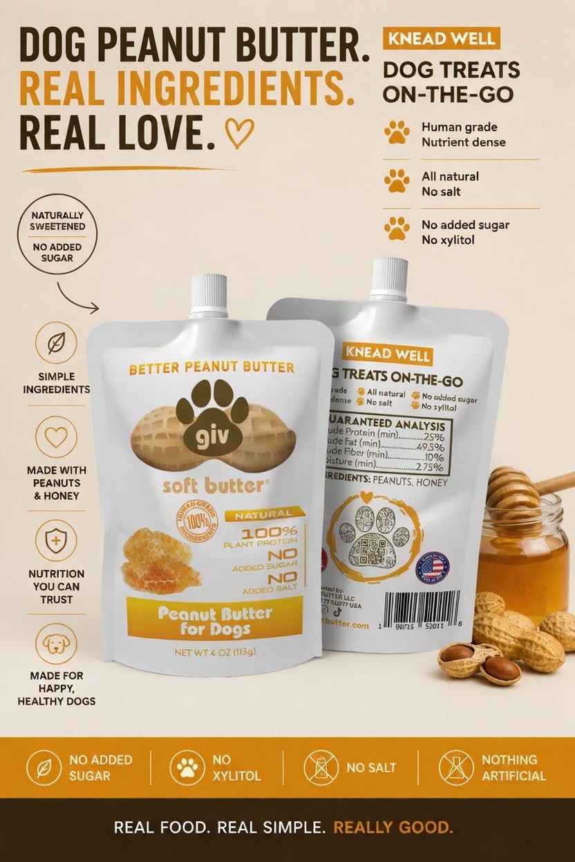 All Natural Peanut Butter for Dogs, 2 Ingredients, 4oz Pouches (6 Count) Q7591