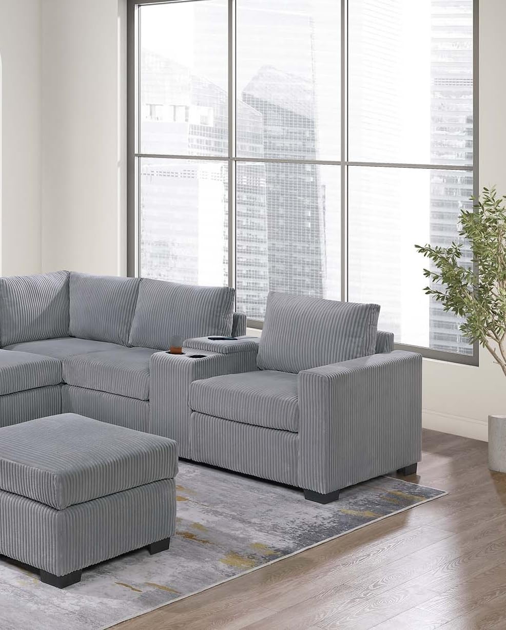 Light Gray 4pc Corduroy Sectional Sofa Set with Ottoman C671936