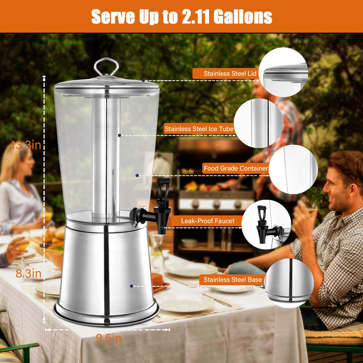 2 Gallons Stainless Steel Beverage Dispenser with Stand and Spigot B277