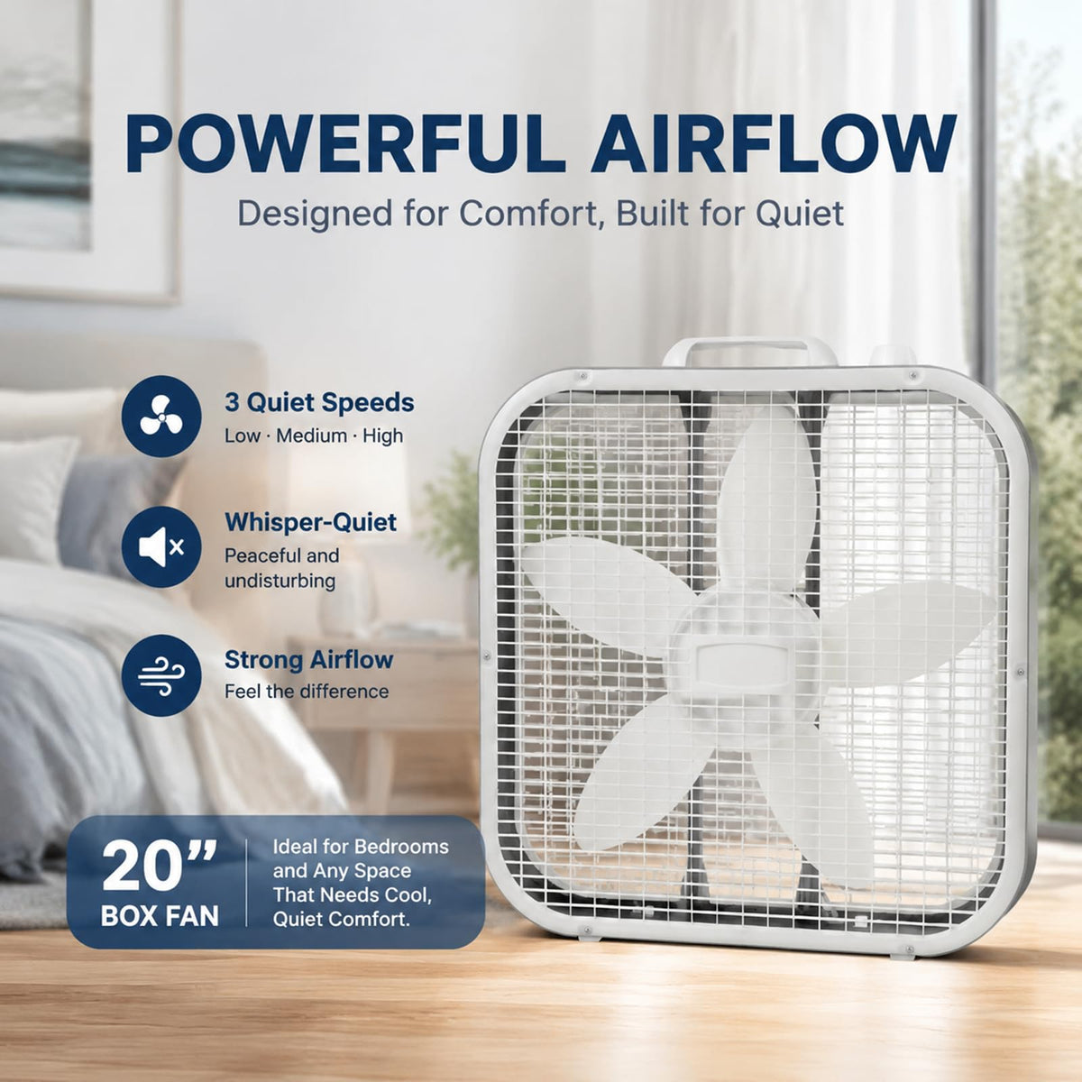 20 Inch 3 Speed Portable Floor Fan with Removable Grill, White R2026