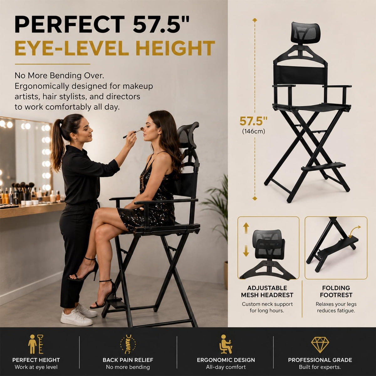 Extra Tall Foldable Directors Chair with Adjustable Mesh Headrest C92516