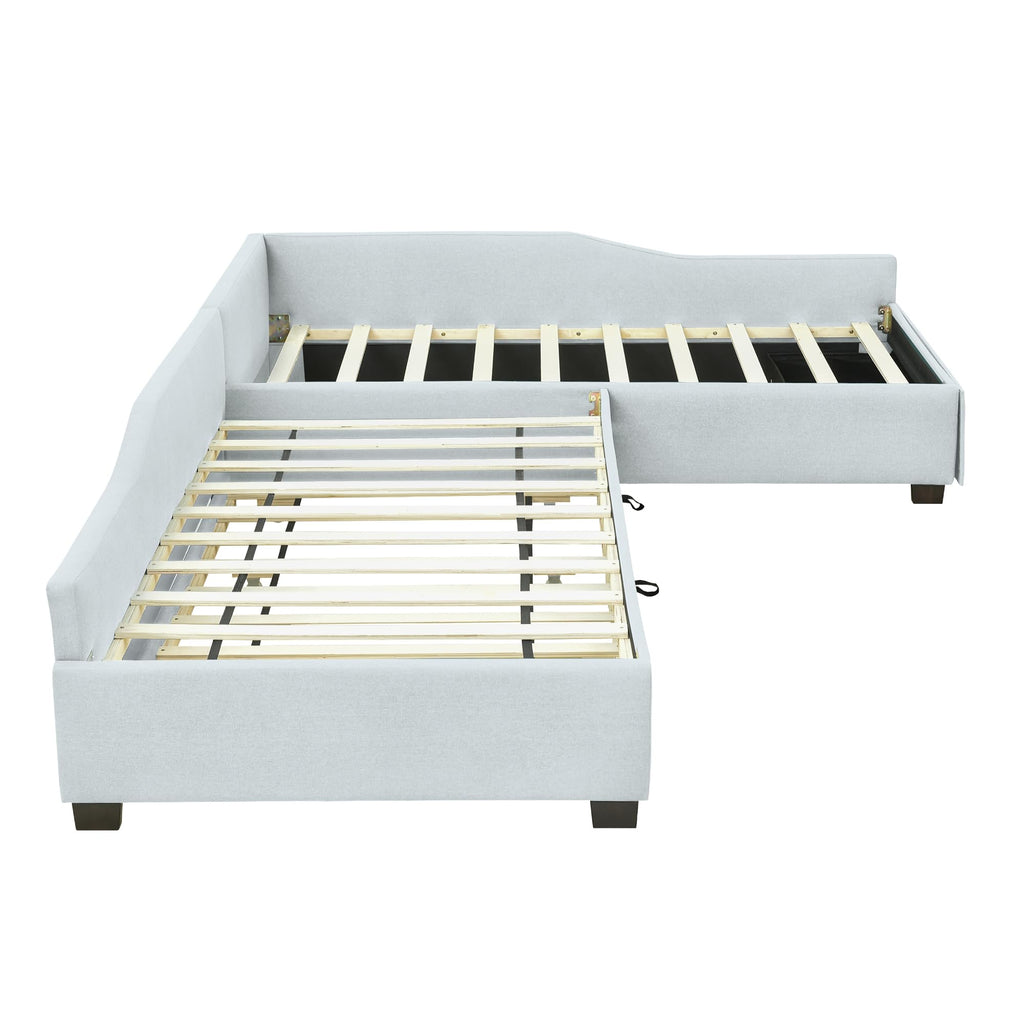 Beige Linen Upholstered Double Twin Size Daybed with Trundle and Drawer O452976