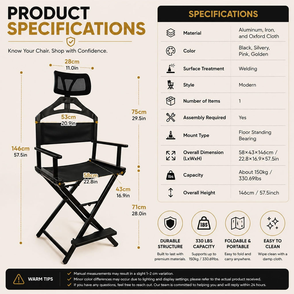 Extra Tall Foldable Directors Chair with Adjustable Mesh Headrest C92516