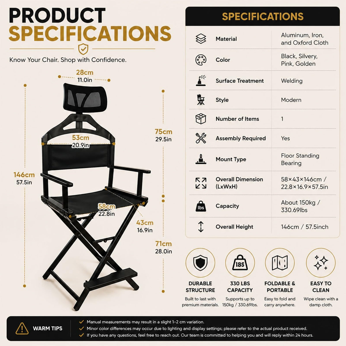 Extra Tall Foldable Directors Chair with Adjustable Mesh Headrest C92516