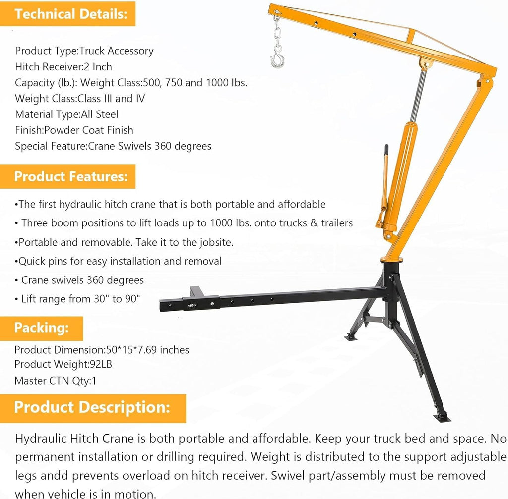 Hydraulic Hitch Mounted Pickup Truck Crane, 1000 Lbs Capacity, 360° Swivel, Yellow D164362