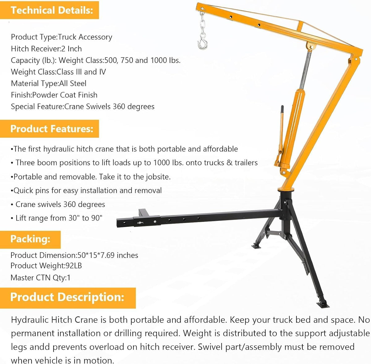 Hydraulic Hitch Mounted Pickup Truck Crane, 1000 Lbs Capacity, 360° Swivel, Yellow D164362