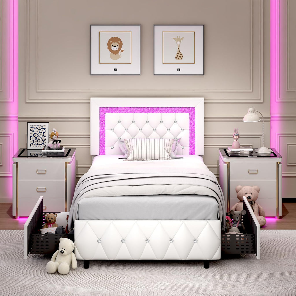 White Twin Bed Frame with Storage Drawers and LED Lights D590697