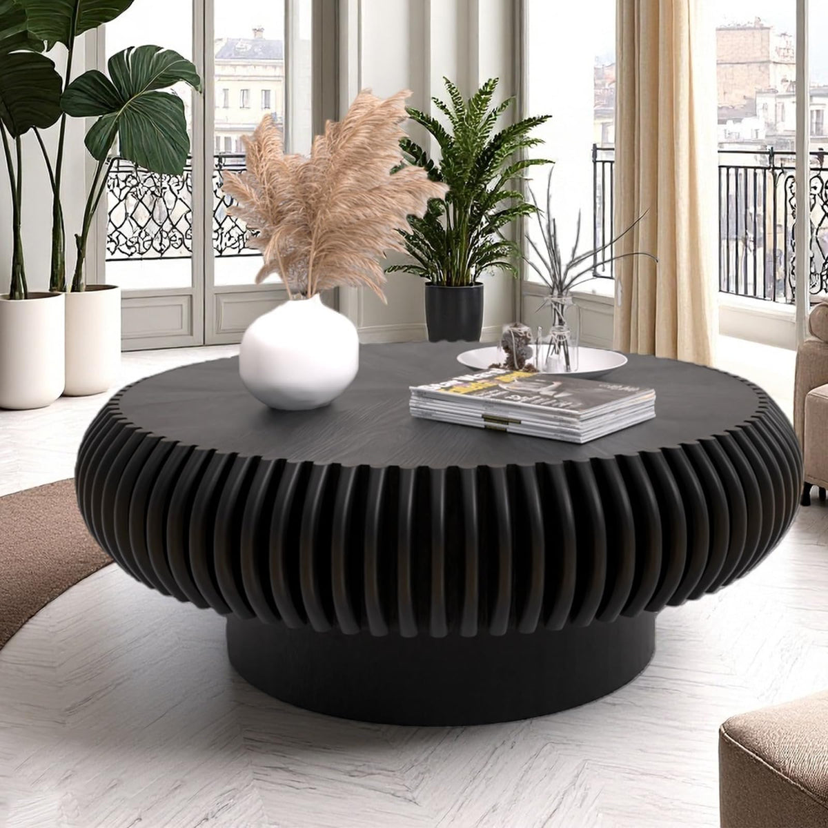 Black Round Fluted Drum Coffee Table V829