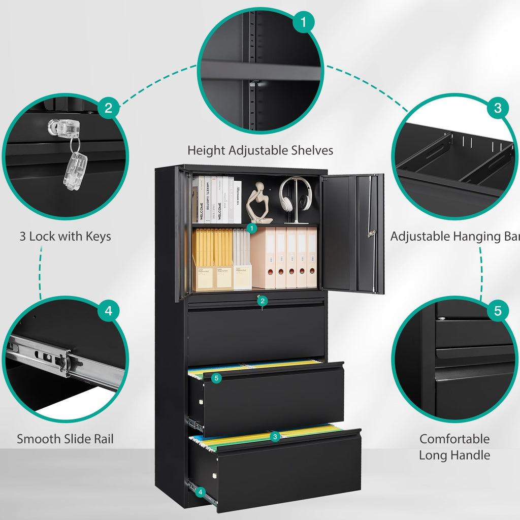 Black 3 Drawer Metal File Cabinet with Lock and Shelf G500