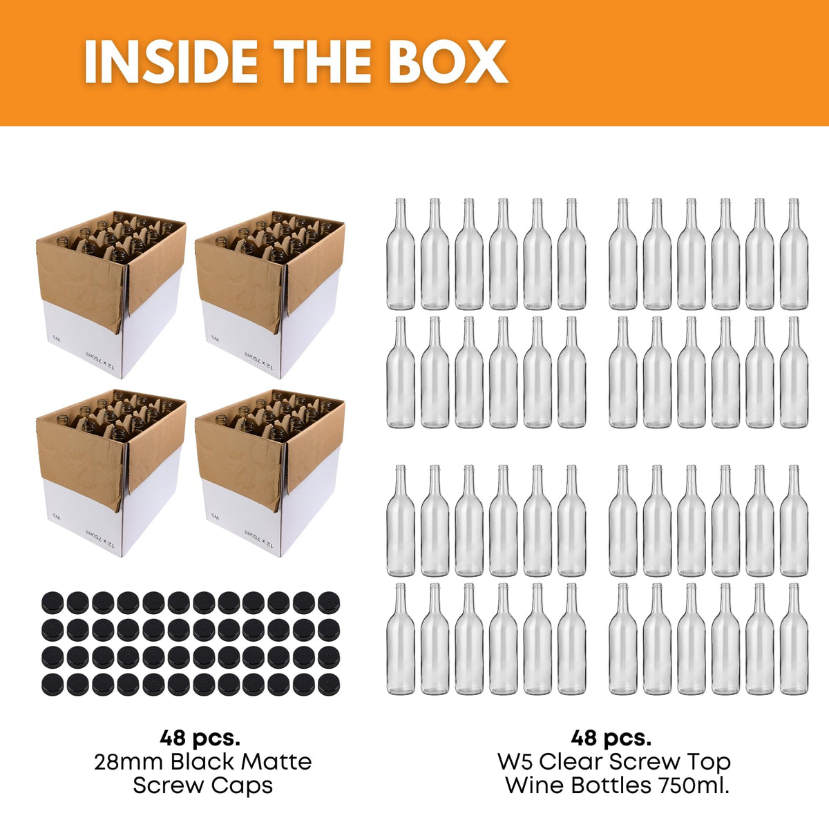 750ml Clear Glass Bottles with Lids, 48-Pack I400