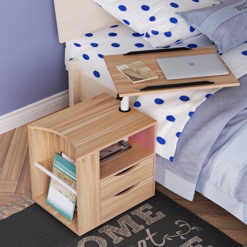 23.6in Rolling Nightstand with 2 Drawers and Shelf Oak G5968