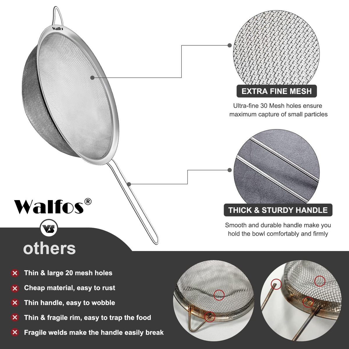 Large Fine Mesh Stainless Steel Strainer Set of 2 L30656