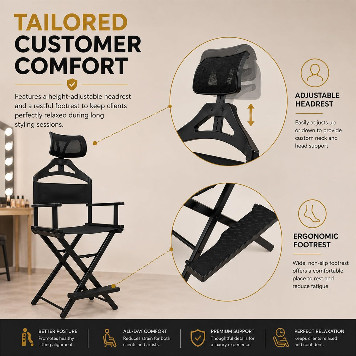 Extra Tall Foldable Directors Chair with Adjustable Mesh Headrest C92516