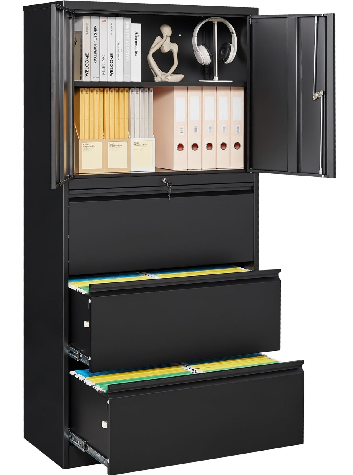 Black 3 Drawer Metal File Cabinet with Lock and Shelf G500