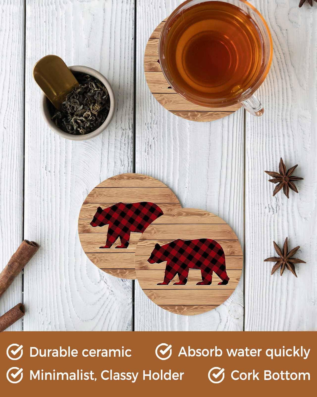 Red Black Plaid Bear Ceramic Coasters Set of 6 with Holder Y653699