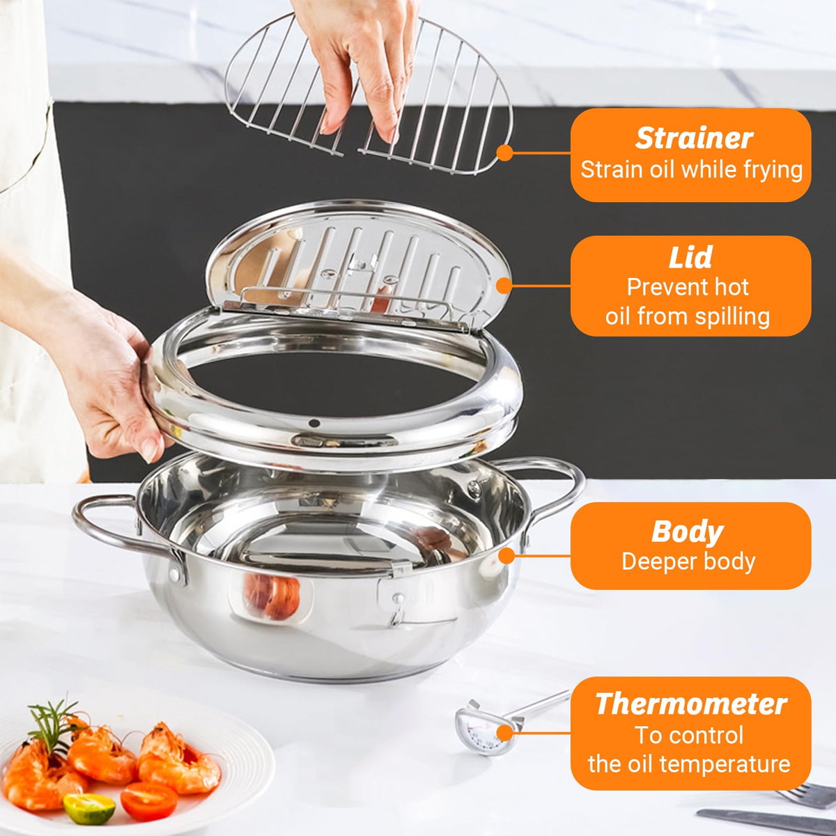 4.2L Stainless Steel Deep Fryer Pot with Thermometer W1326
