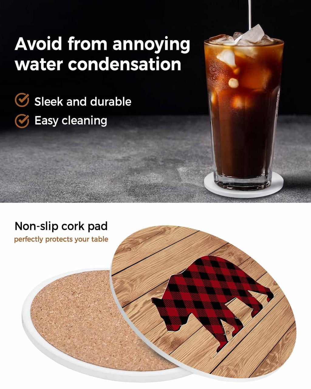 Red Black Plaid Bear Ceramic Coasters Set of 6 with Holder Y653699