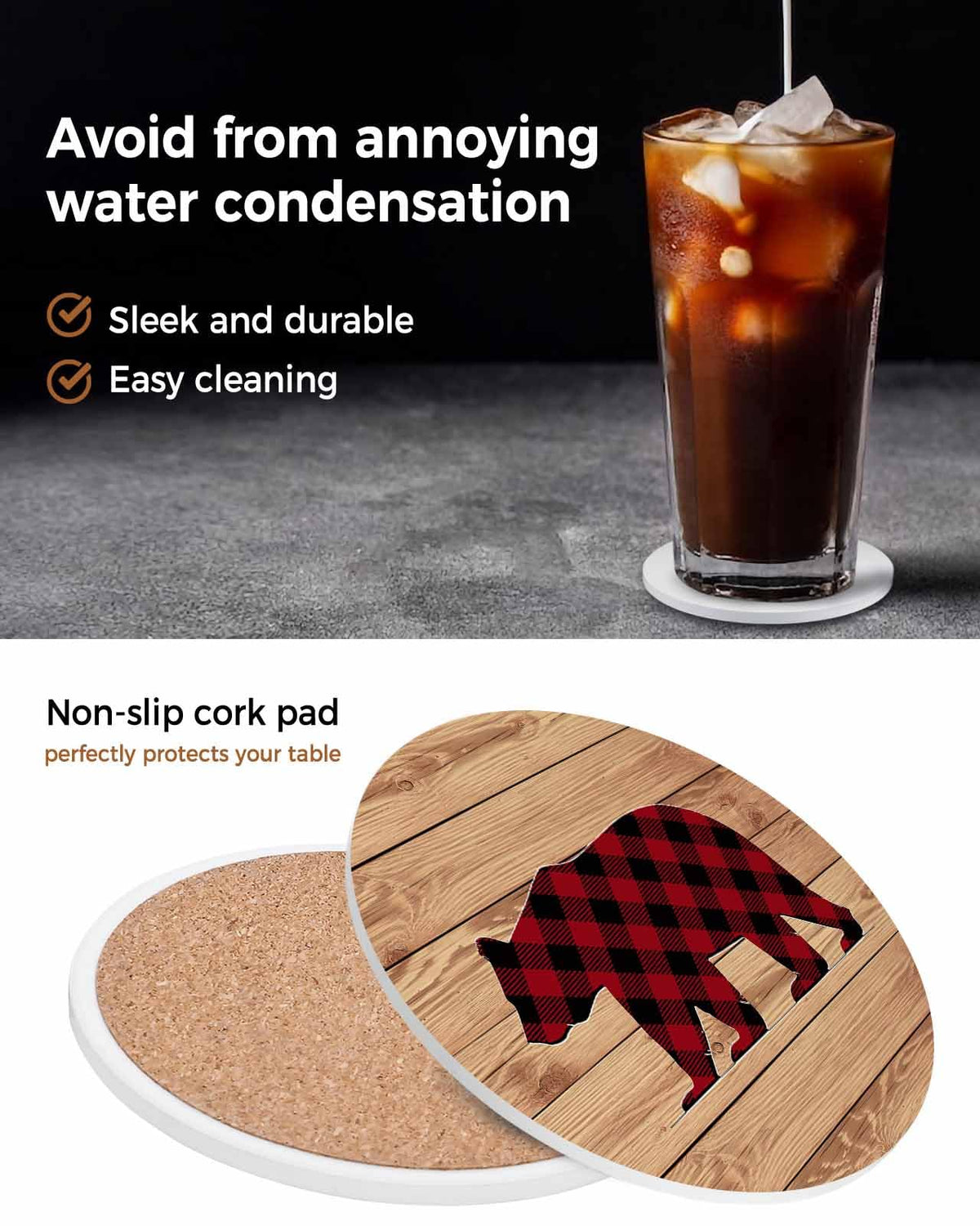 Red Black Plaid Bear Ceramic Coasters Set of 6 with Holder Y653699