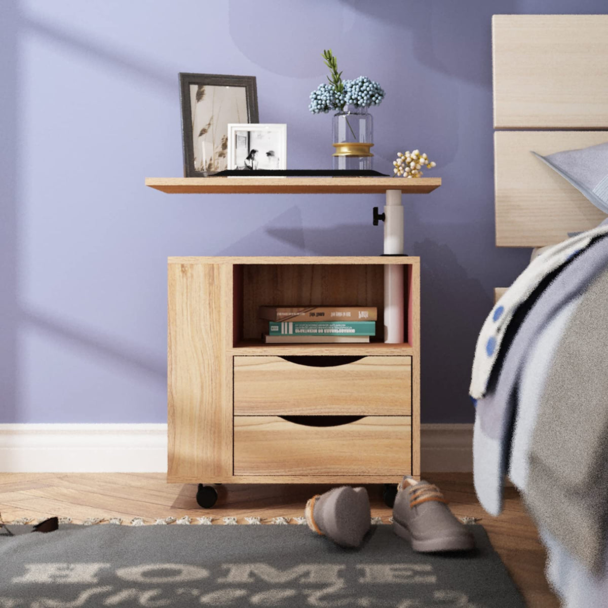 23.6in Rolling Nightstand with 2 Drawers and Shelf Oak G5968