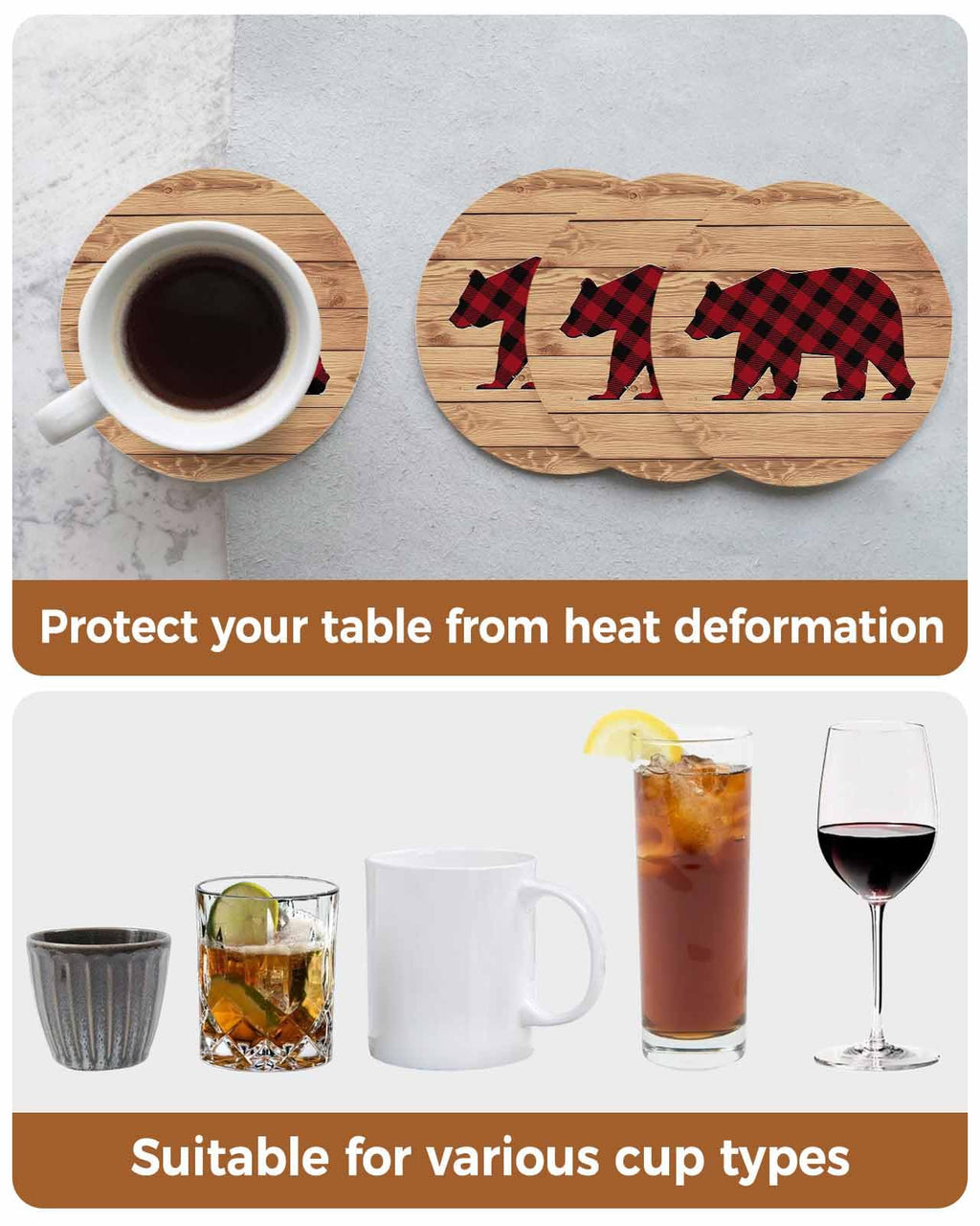 Red Black Plaid Bear Ceramic Coasters Set of 6 with Holder Y653699
