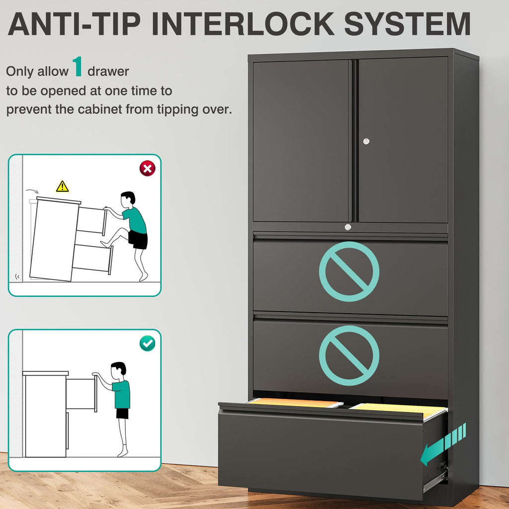 Black 3 Drawer Metal File Cabinet with Lock and Shelf G500