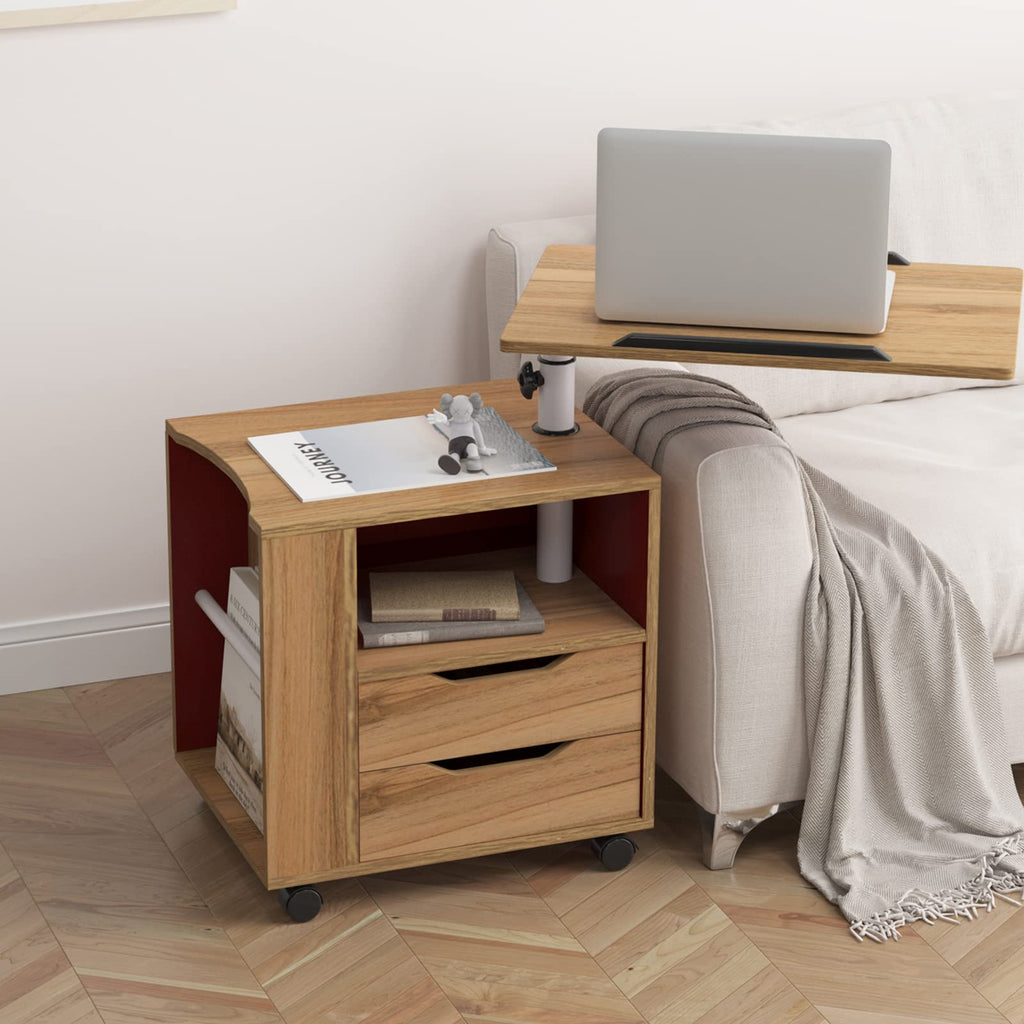 23.6in Rolling Nightstand with 2 Drawers and Shelf Oak G5968