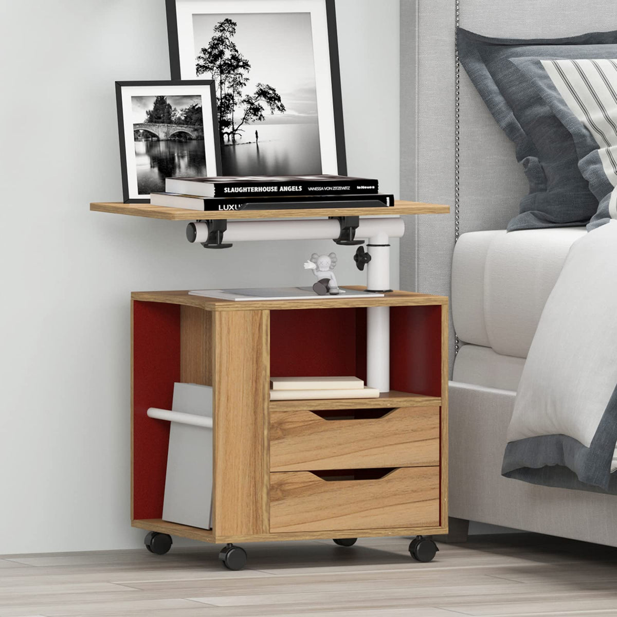 23.6in Rolling Nightstand with 2 Drawers and Shelf Oak G5968