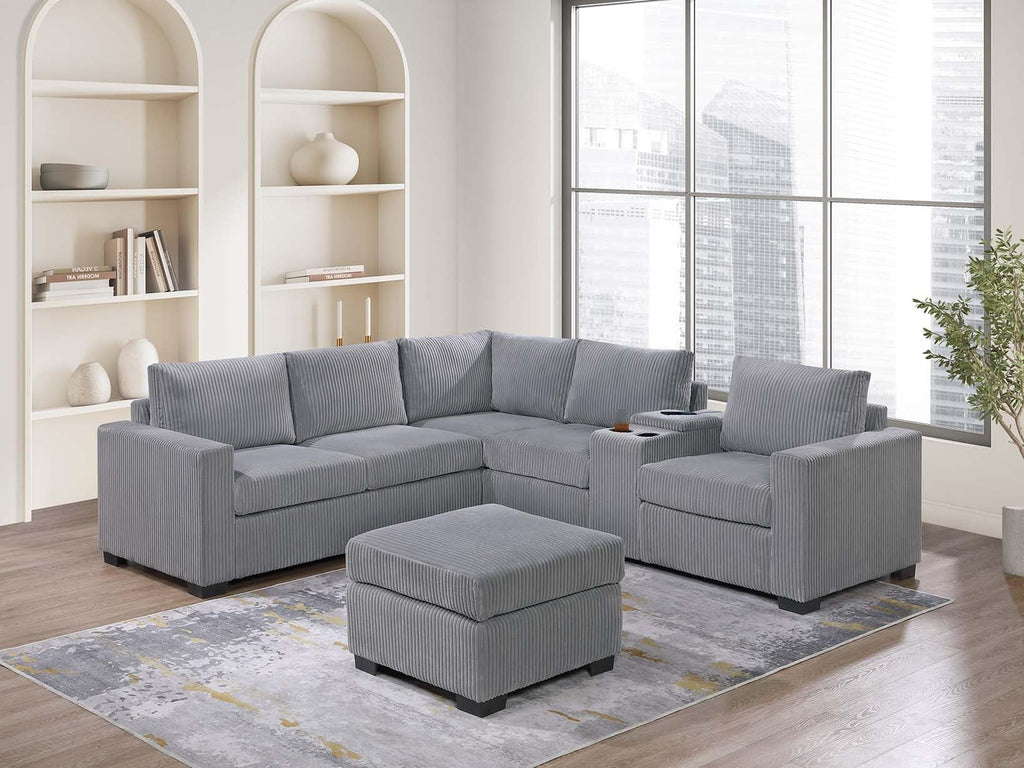 Light Gray 4pc Corduroy Sectional Sofa Set with Ottoman C671936
