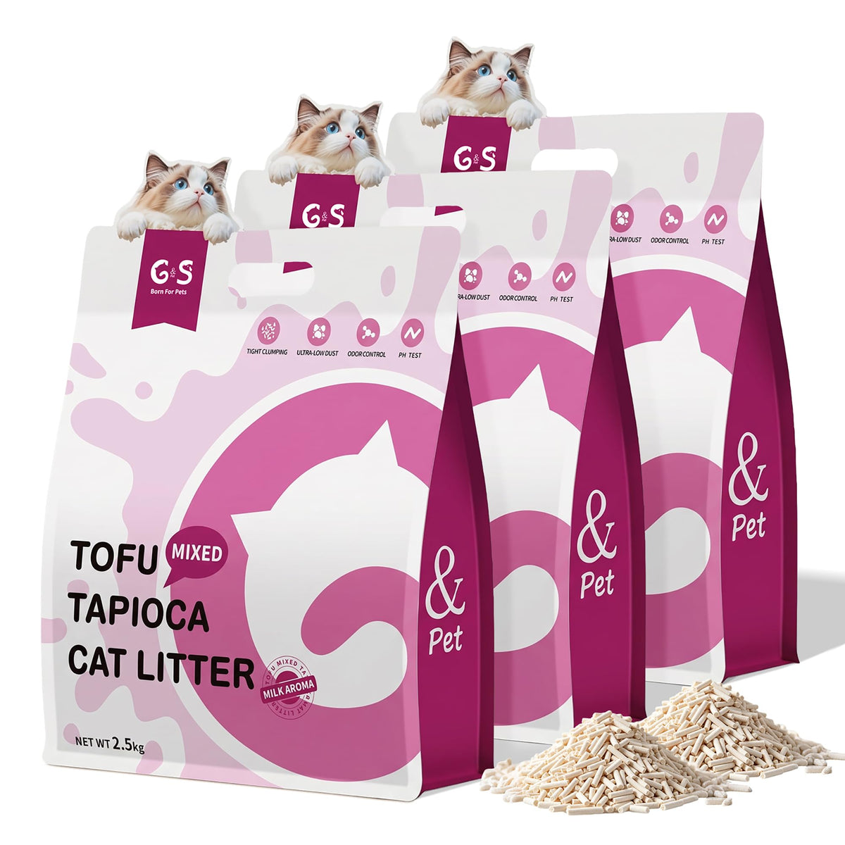Tofu Cat Litter, Non-Stick, Odor Control, Flushable, Clumping, 99.9% Dust-Free, 5.5lb × 3 Bags O757