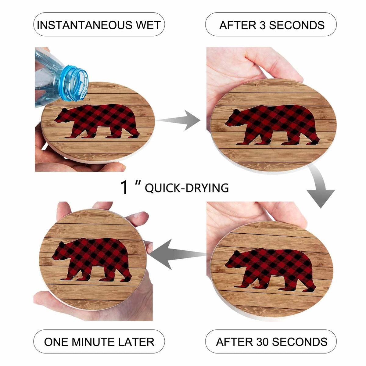 Red Black Plaid Bear Ceramic Coasters Set of 6 with Holder Y653699
