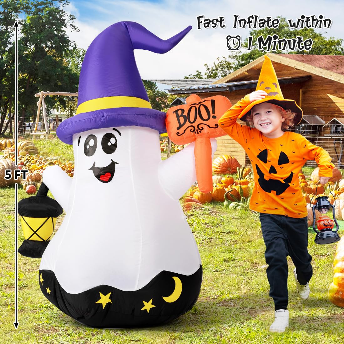 5 FT Halloween Inflatables Ghost with Built-in LEDs N8273