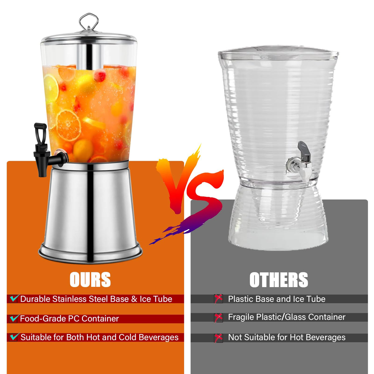 2 Gallons Stainless Steel Beverage Dispenser with Stand and Spigot B277