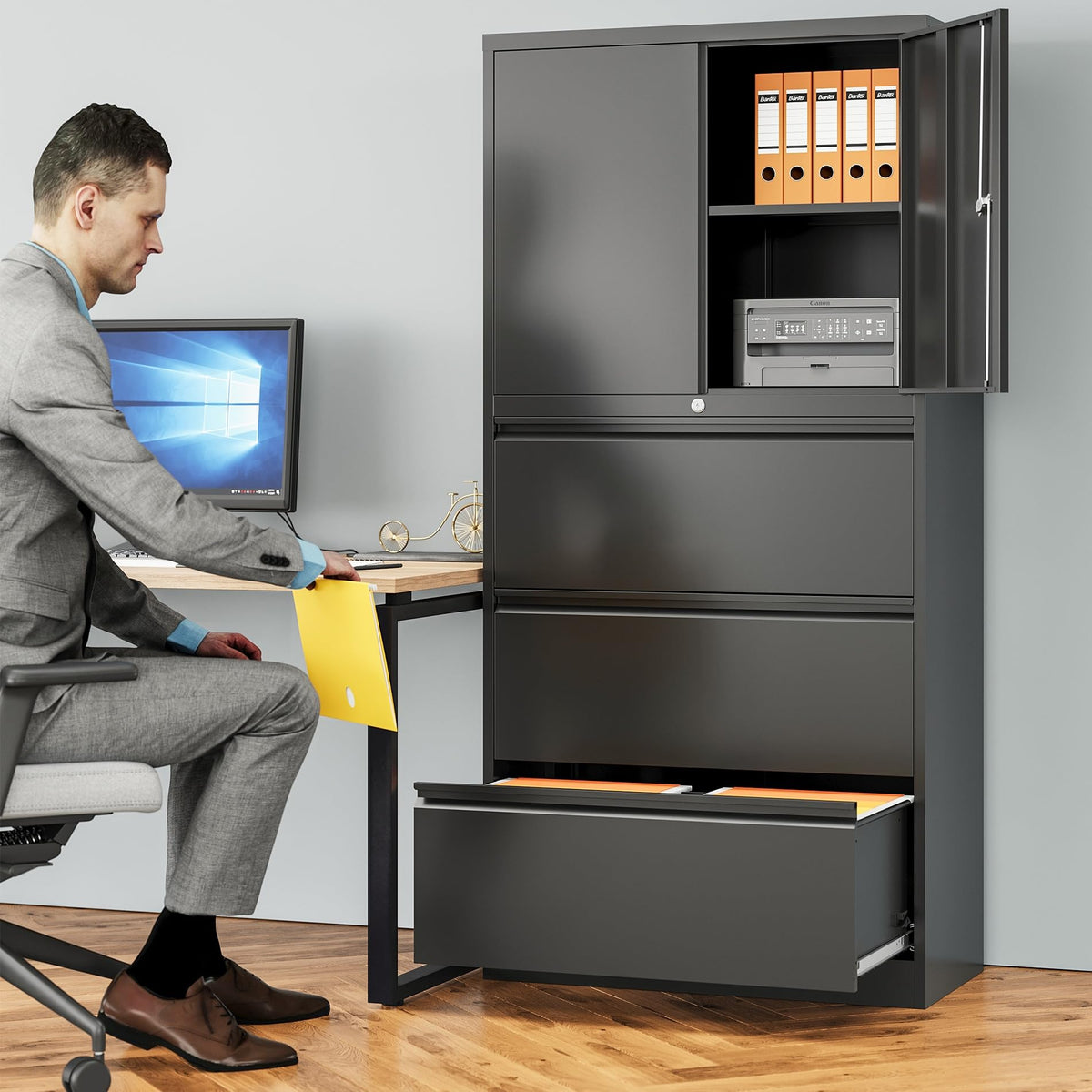 Black 3 Drawer Metal File Cabinet with Lock and Shelf G500