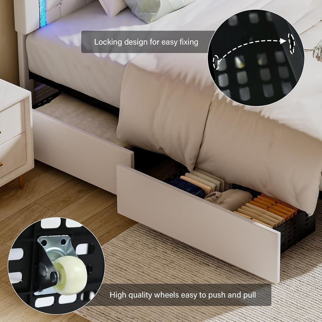 White Twin Bed Frame with Storage Drawers and LED Lights D590697
