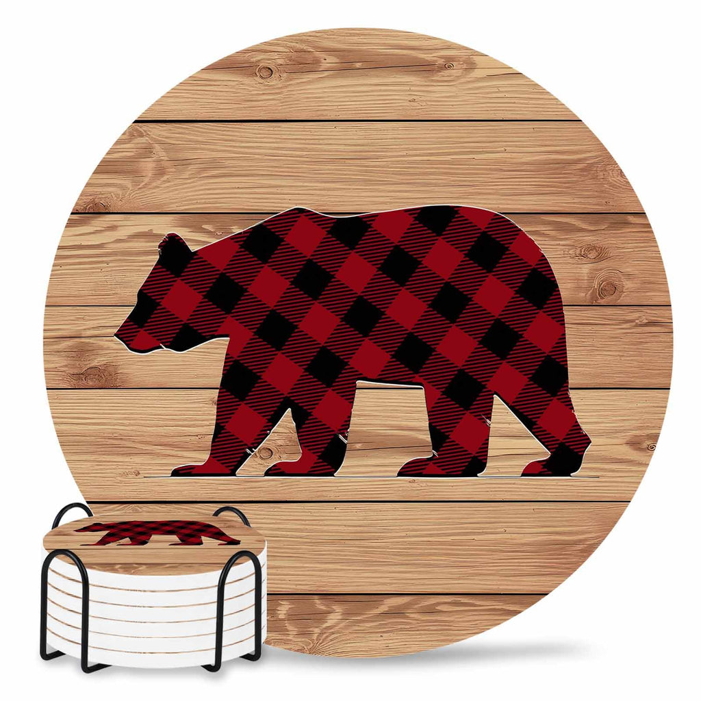 Red Black Plaid Bear Ceramic Coasters Set of 6 with Holder Y653699