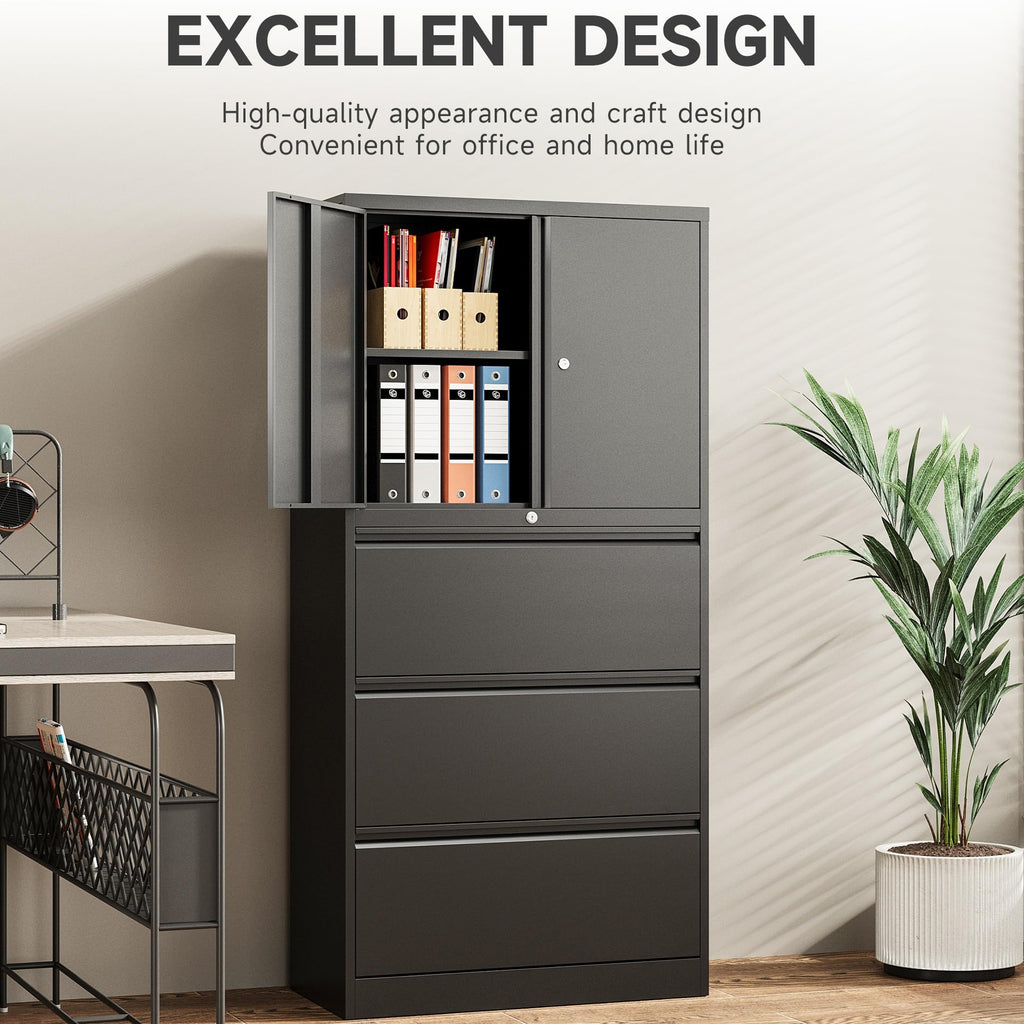 Black 3 Drawer Metal File Cabinet with Lock and Shelf G500