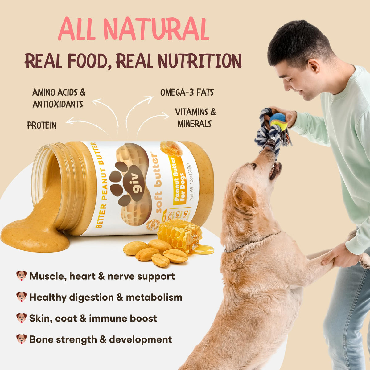 All Natural Peanut Butter for Dogs, 2 Ingredients, 4oz Pouches (6 Count) Q7591